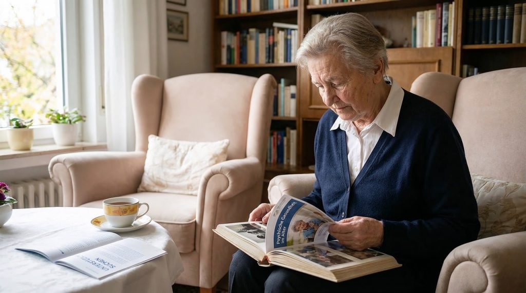 Older woman reading a book in an armchair with a cup of tea on the table beside her.