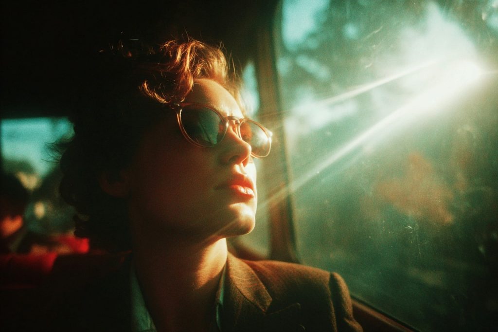 A woman leaning back in warm sunlight wearing sunglasses.