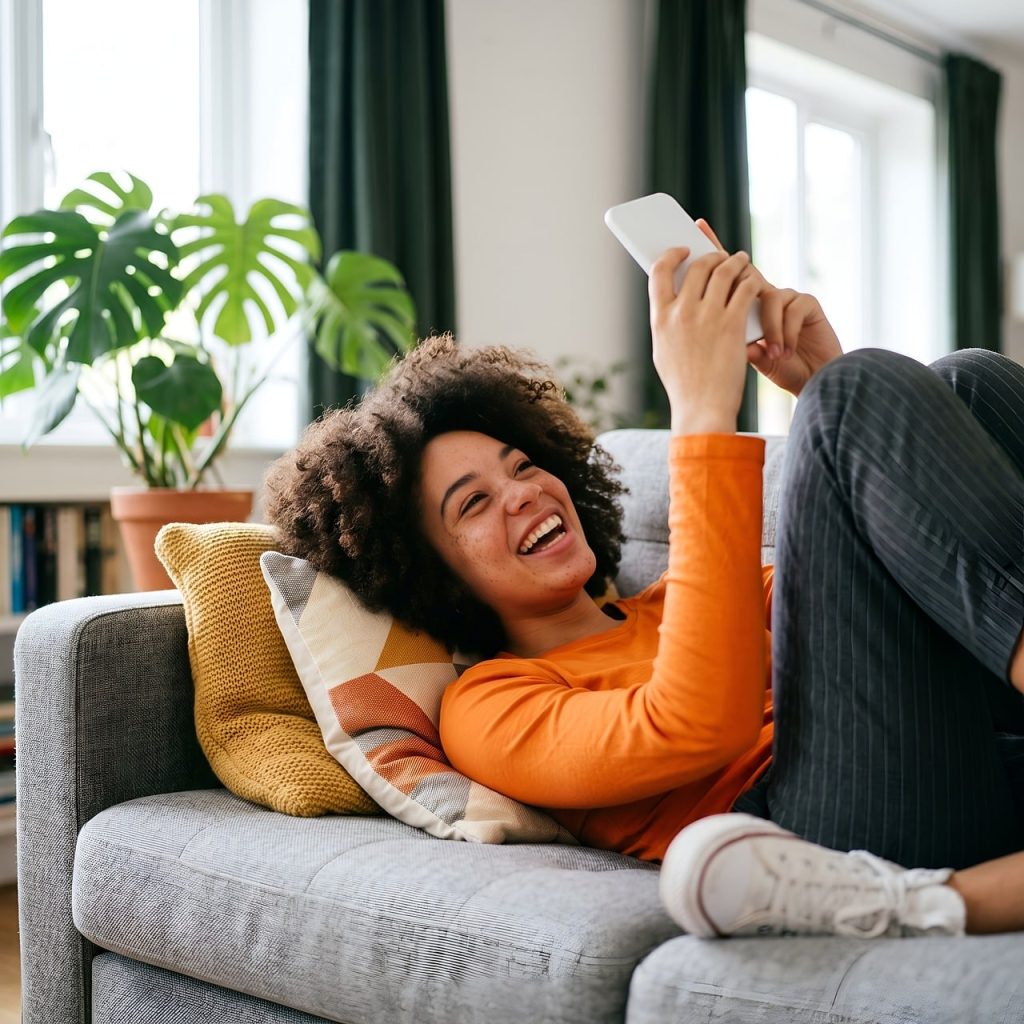 A woman relaxing on a sofa at home while holding a phone.